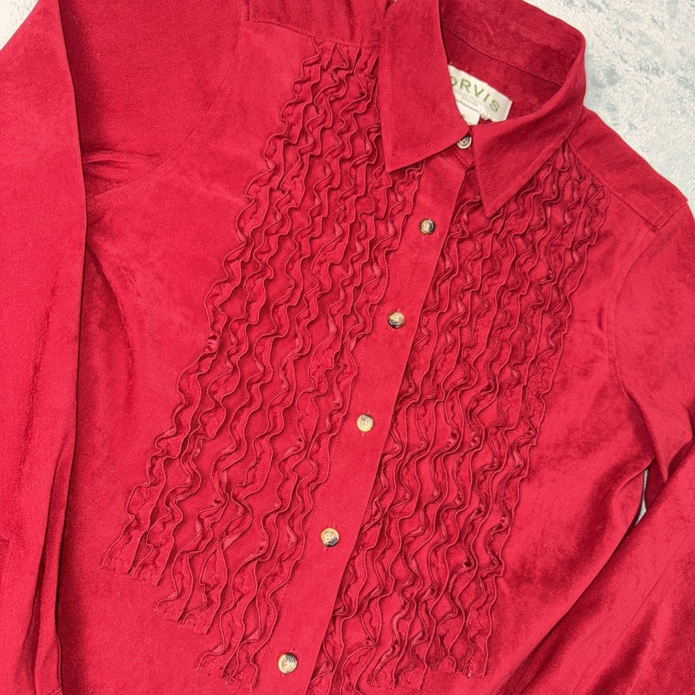 Orvis Tuxedo Ruffle Blouse Sz 6 Sueded Polyester Button Up Rodeo Red - Picture 4 of 10